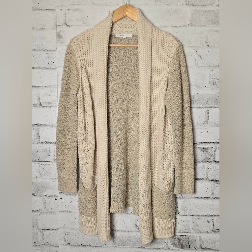 Cleo Cable Knit Open Front Cardigan Sweater Cream Tan Cozy Boho